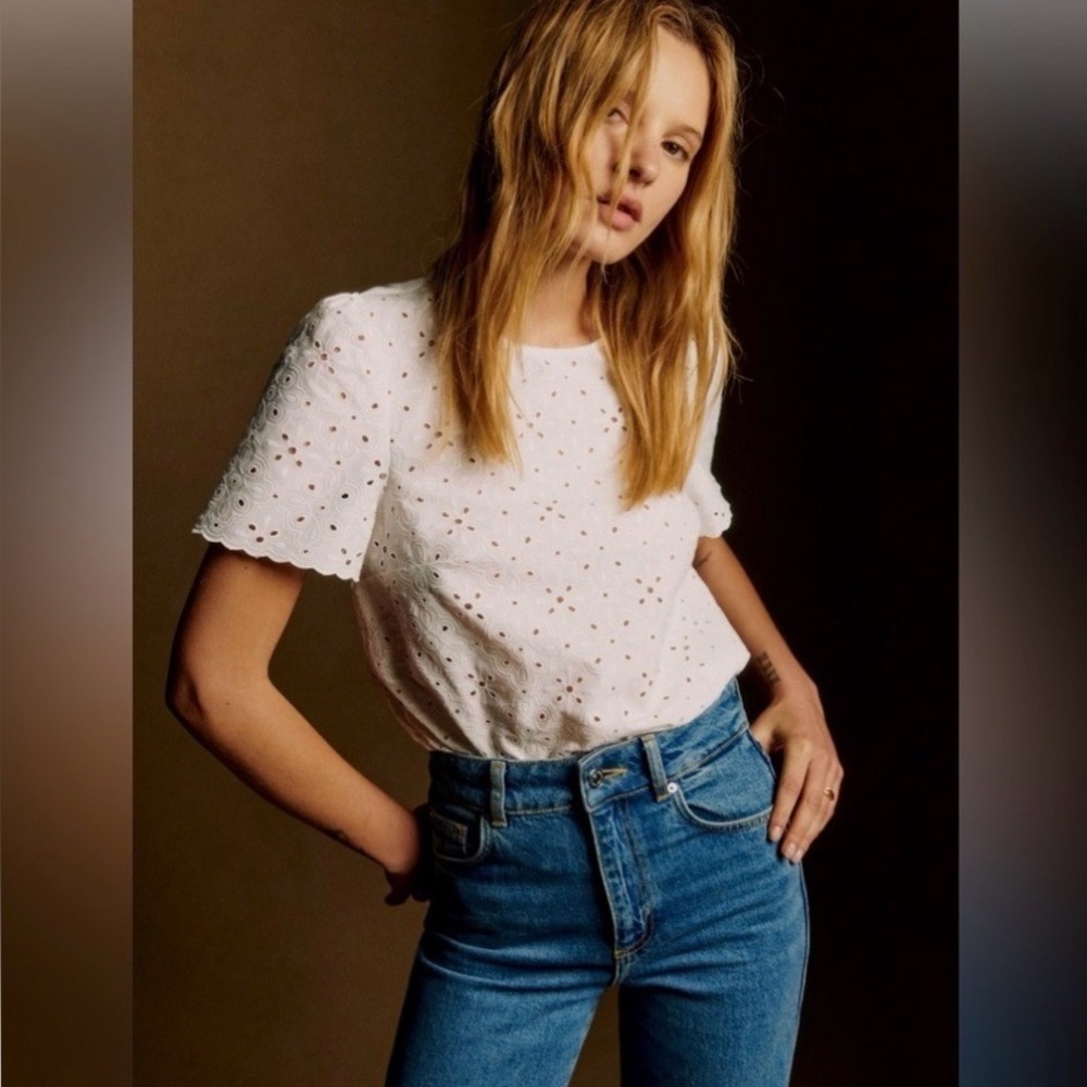 Sezane Sezane Annabelle Blouse Embroidered Eyelet Ecru Short Sleeve Romantic